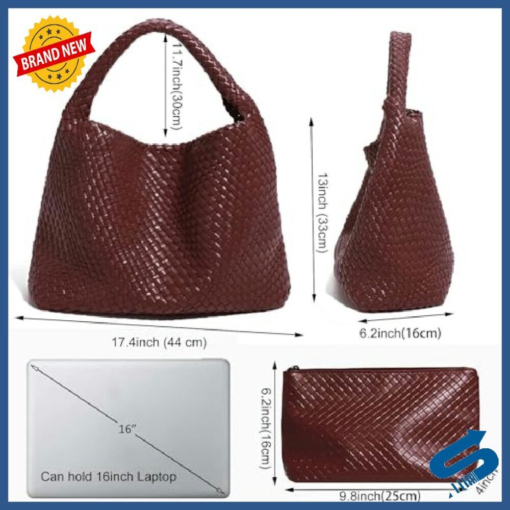 Large Woven Vegan Leather Tote Bag for Women, Handmade Work Commuter Day Bag - Picture 6 of 8